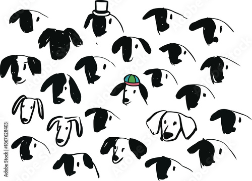 collection of dog faces sketched in black and white with different expressions and accessories like hats dogs wearing hats funny dog portraits playful puppy faces