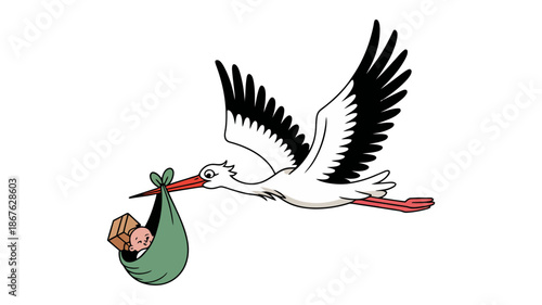 A charming illustration of a stork delivering a newborn baby in a green bundle