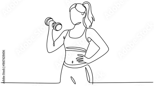 Woman working out with a dumbbell, demonstrating strength and fitness in minimalist line art