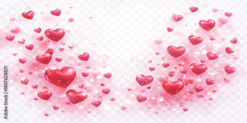 Pink and red water drops on a heart shape symbol pattern for a romantic Valentine's Day card design