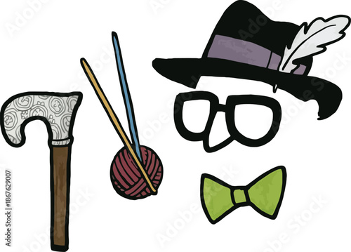 Collection of gentleman accessories and hobbies items including feathered hat eyeglasses bow tie walking stick and knitting yarn vintage style props