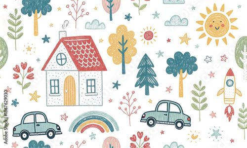 Whimsical hand-drawn doodle seamless pattern with house, rainbow, rocket, flowers, clouds, sun, trees, stars, and car. Cute colorful kids sketch background for fabric, wallpaper, or stationery.