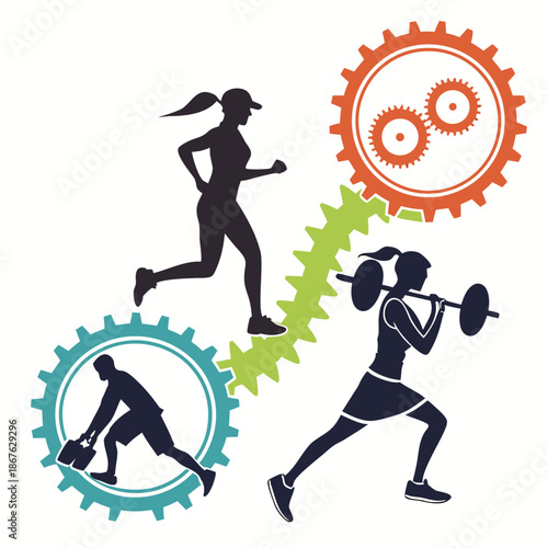 Fitness motivation with people exercising and gear icons