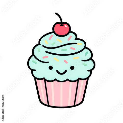 Cute cupcake vector pastel frosting cherry topping smiling face kawaii dessert sweet treat bakery icon sprinkle decoration delight
