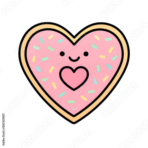 Cute heart donut pink icing sprinkles kawaii face vector cartoon bakery sweet treat playful cheerful