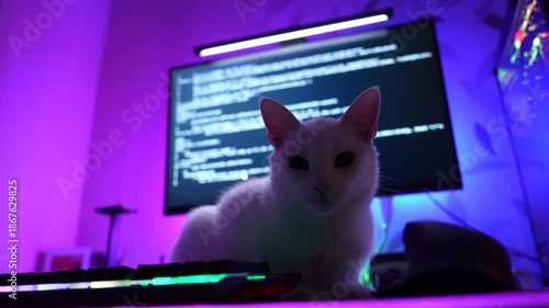 White cat sitting on desk in front of computer monitor with coding screen, RGB neon lighting, programmer workspace, technology and creative coding concept