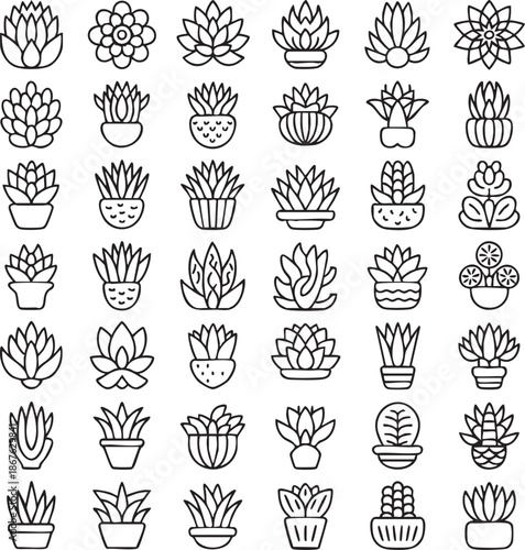 Collection of various potted plants and flowers in line style