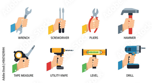 Hands holding various tools wrench screwdriver pliers hammer drill and more