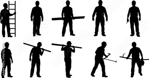 Black Silhouettes of Construction Workers Builders and Contractors Carrying Equipment Tools and Ladders Set Isolated on White Background for Industrial Design