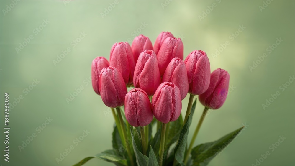 Obraz premium A bunch of pink tulips with green leaves against a soft green background.