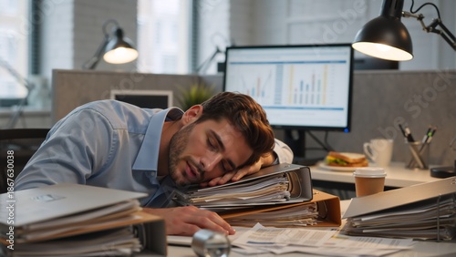 Man sleeping at office desk on stack of binders. Tired male employee exhausted from overwork and long hours. Burnout and corporate stress concept