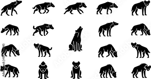 Collection of hyena silhouettes showing various poses and actions