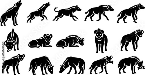 Diverse silhouette poses of hyenas in various actions, showcasing their agility and unique forms.