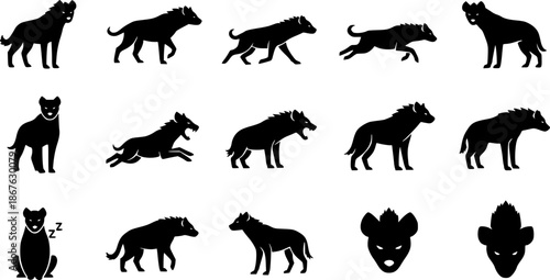 Set of hyena silhouettes showing various poses and actions, capturing their dynamic movements and features.