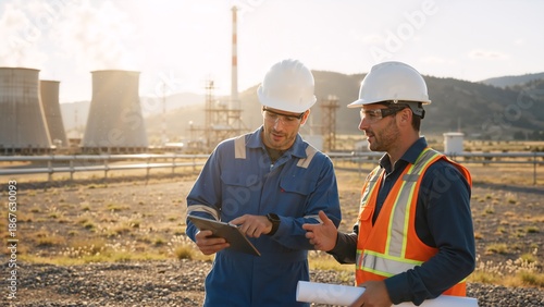 Two engineers discussing a project on a tablet at an industrial power plant. Professional workers collaborating on site at sunset. Teamwork and technology in the energy industry