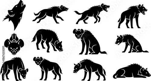 Dynamic silhouette collection of hyenas in various poses and expressions