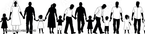 Large Horizontal Panorama of Diverse Families and Children Holding Hands in a Row, Minimalist Black and White Vector Silhouette Illustration