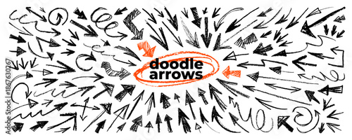 Crayon drawn scribble doodle arrow set. Sketchy black rough bold and thin arrows, curved, straight or wavy arrows. Emphasis direction pointers for hand drawn notes, diagrams and journaling.
