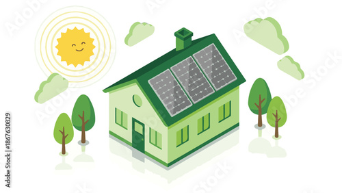 Sustainable home with solar energy system and nature elements in isometric style