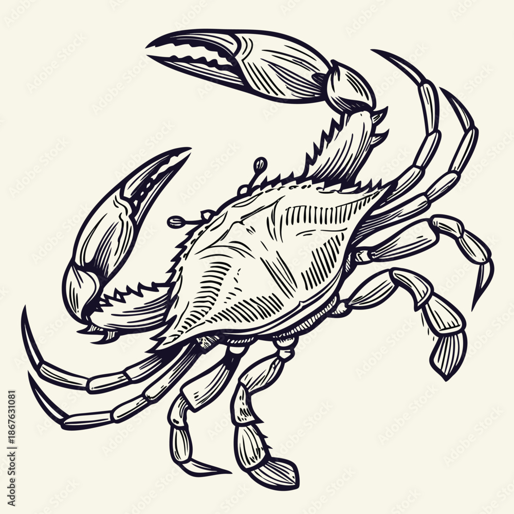 Fototapeta premium This high-quality, realistic blue crab vector illustration captures the vibrant colors and intricate details of the iconic Callinectes sapidus. Featuring the signature bright blue claws and mottled