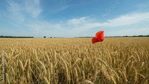 A vast field of wheat under a blue sky with scattered clouds, featuring a standout red poppy flower in the foreground.
