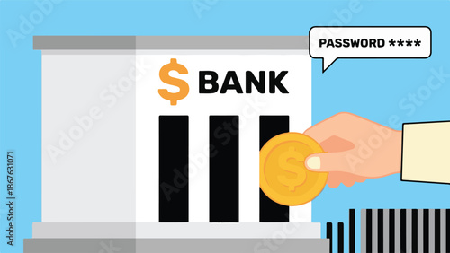 Secure Online Banking Transaction with Password and Gold Coin Illustration