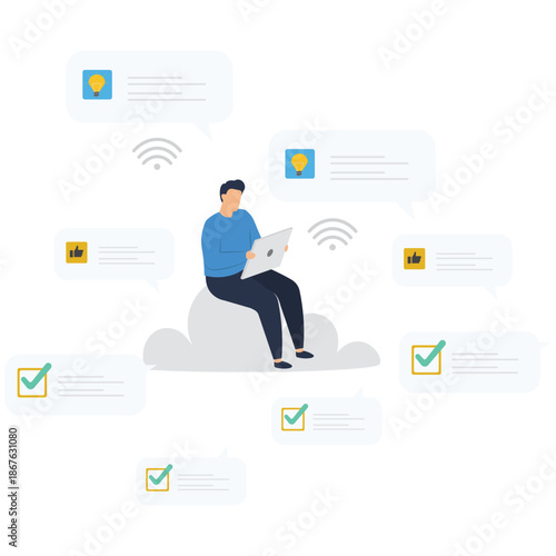 Flat vector style illustration of support specialist communicating task checklist remotely using headset and wireless internet connection stock illustration
