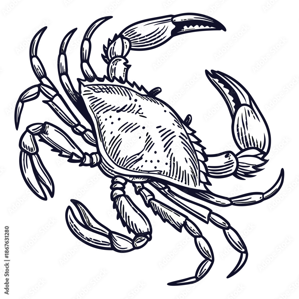 Fototapeta premium This high-quality, realistic blue crab vector illustration captures the vibrant colors and intricate details of the iconic Callinectes sapidus. Featuring the signature bright blue claws and mottled.