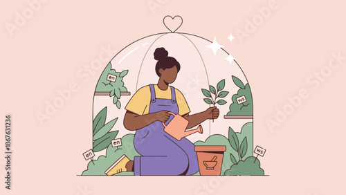 Woman tending to small plants in a protective glass dome environment