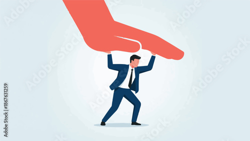 Businessman struggling under the immense weight of a giant hand