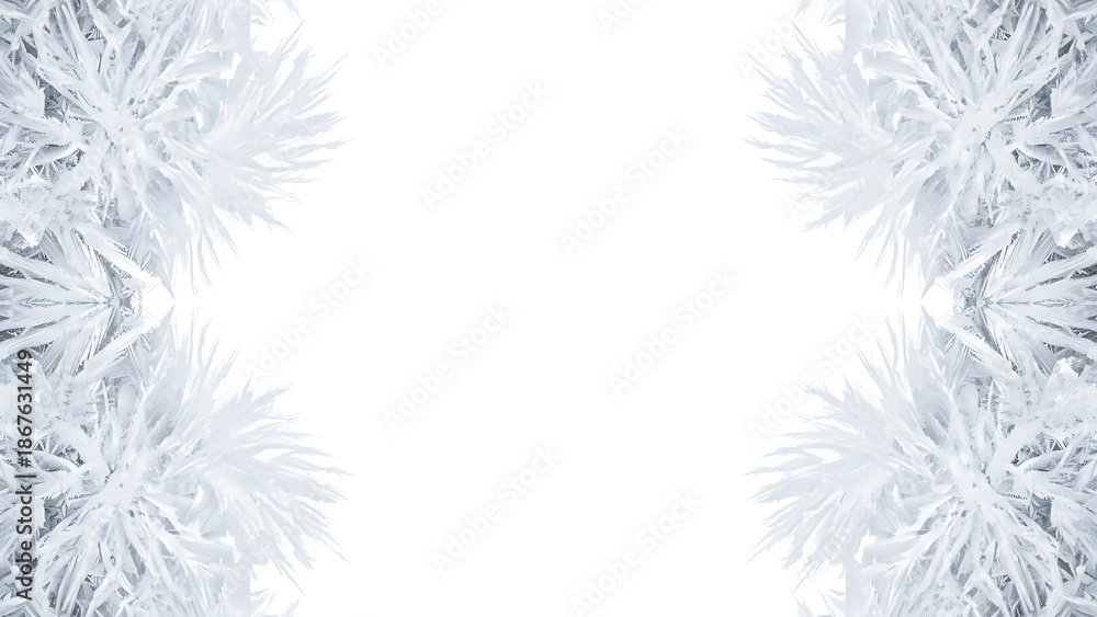 Obraz premium Abstract frosty ice patterns framing a clean white space, evoking a sense of cold, nature's delicate artistry, and the serene beauty of winter