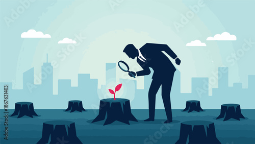 Businessman examining new growth on tree stump, urban recovery concept