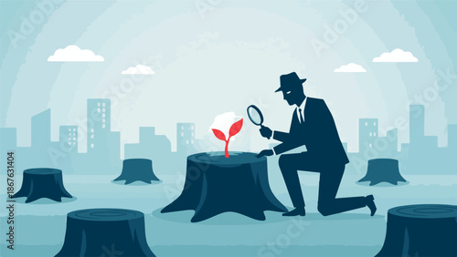 Hope for new growth: Man examines a red sprout on a tree stump in a city