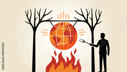 Human roasting Earth over fire, a metaphor for global warming and climate crisis