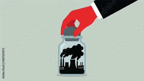 Red hand putting stopper on jar with industrial pollution and smoke inside