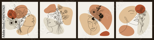 Minimalist Women Faces Line Art Set with Flowers for March 8, Abstract Boho Portraits with Floral Elements in Earthy Tones. Vector illustration