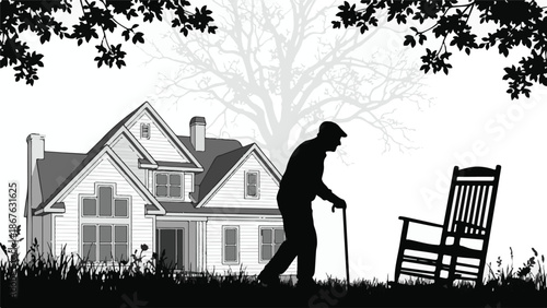 Silhouette of an old man with a cane walking past a house and rocking chair