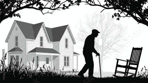 Silhouette of elderly man walking by a traditional home with rocking chair