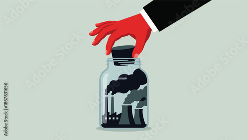 Business hand sealing industrial pollution in a glass jar, environmental concept