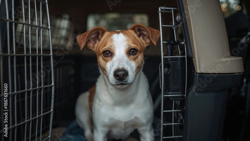 A dog inside a cage in a vehicle. © Lasvu