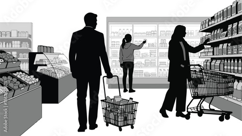 Monochrome illustration of customers grocery shopping in a supermarket