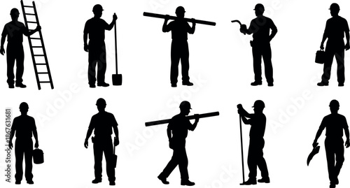 Vector silhouettes of construction workers and industrial laborers carrying tools equipment and materials isolated on a white background for design