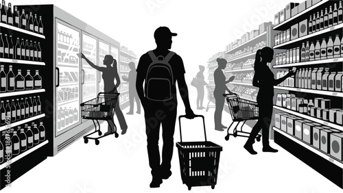 Silhouettes of people shopping in a busy supermarket aisle with carts and products