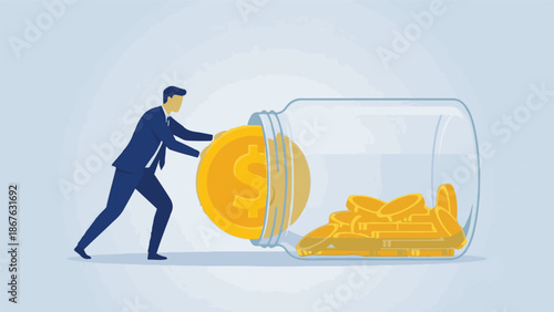Businessman pushing large dollar coin into a glass jar, illustrating savings concept