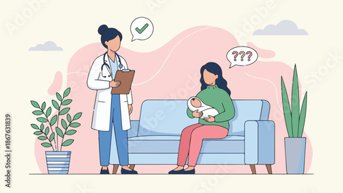 Doctor providing medical consultation and advice to a new mother and baby