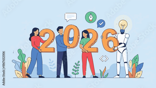 Team of people and robot holding 2026 numbers, envisioning future technology