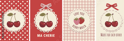 Four Vintage Style Cards with Cherry and Strawberry on Red and Checkered Backgrounds