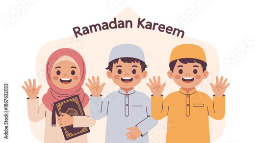 Three People Celebrating Ramadan with a Quran and Waving Hands
