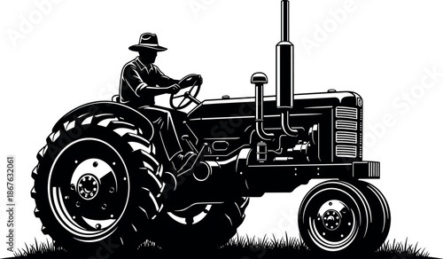Vintage black and white vector illustration of a farmer driving a classic tractor through a field for agricultural farm design.