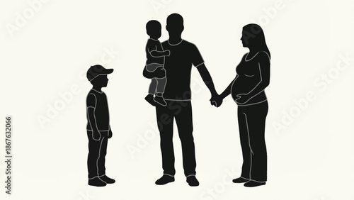 Minimalist silhouette illustration of a growing family with a pregnant mother